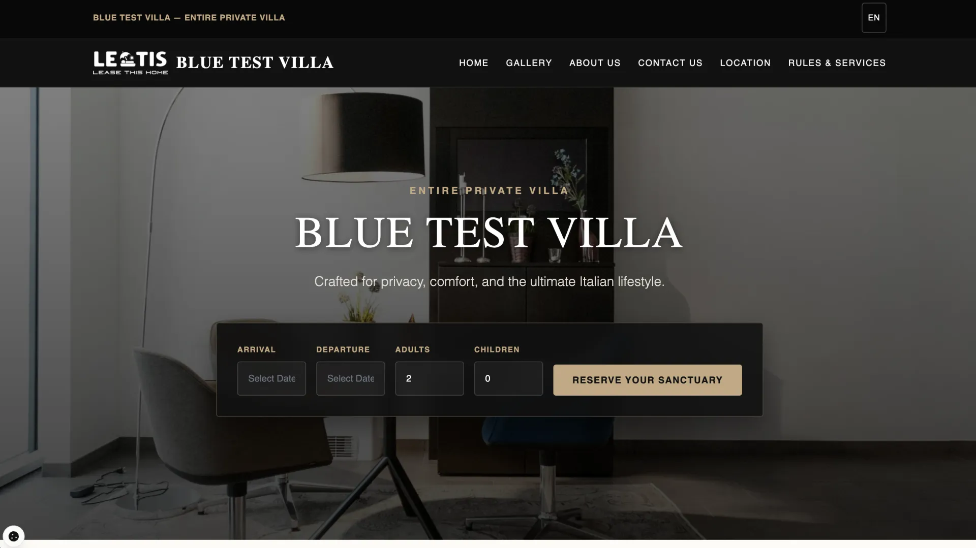 Demo-Website Blue Test Villa mit Unterkunftsfotos und Verfügbarkeitssuche