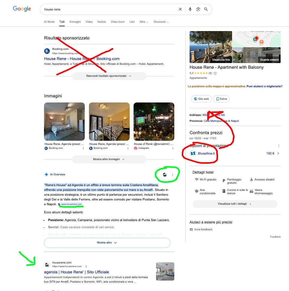 Das Foto zeigt eine Google-Suche, bei der das Knowledge Panel inoffizielle Daten enthält; obwohl Bewertungen und ein ungefährer Standort angezeigt werden, führt der Website-Link zu einer Seite, die nicht vom Unternehmen kontrolliert wird.