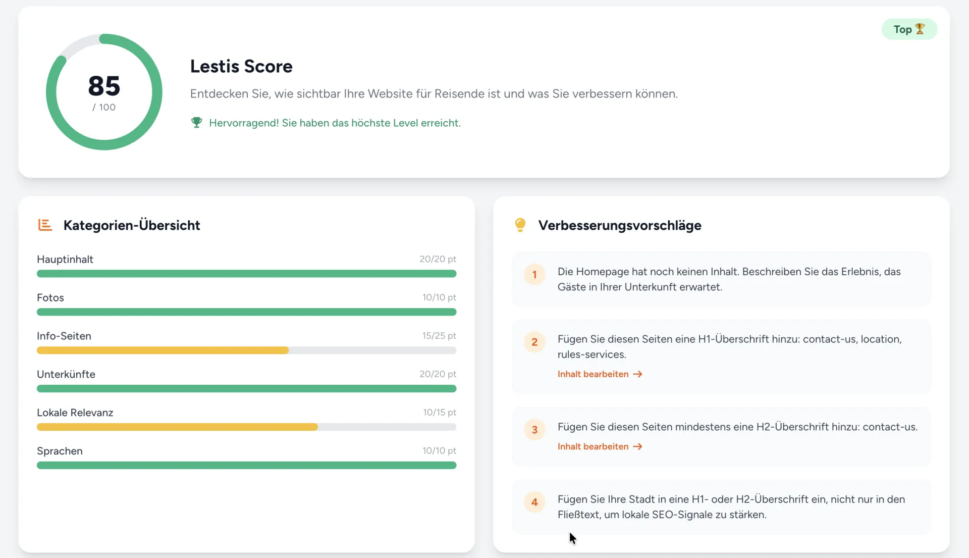 Lestis Score mit Punktzahl für jeden Abschnitt und Empfehlungen